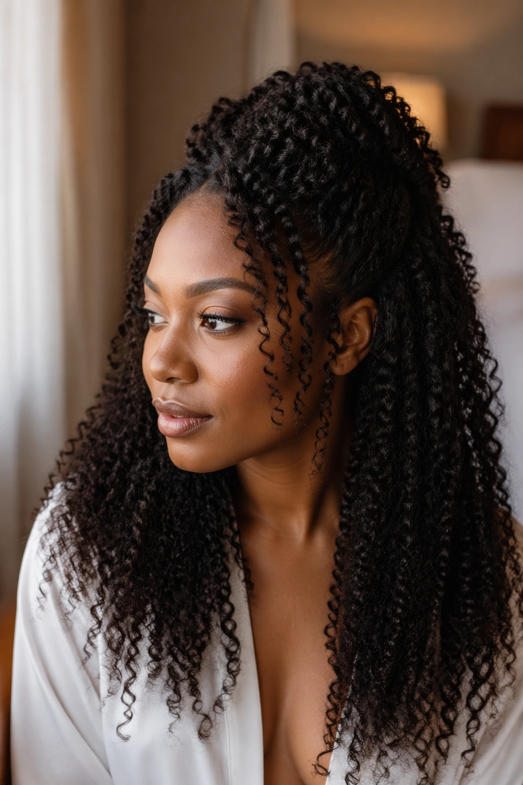 Close-up of a real Black woman wearing a kinky curly half-up hairstyle with a pinned crown