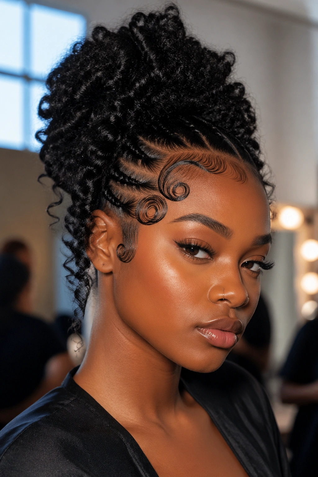 Portrait of a woman with a twists/curls updo and sculpted edge design at the front.