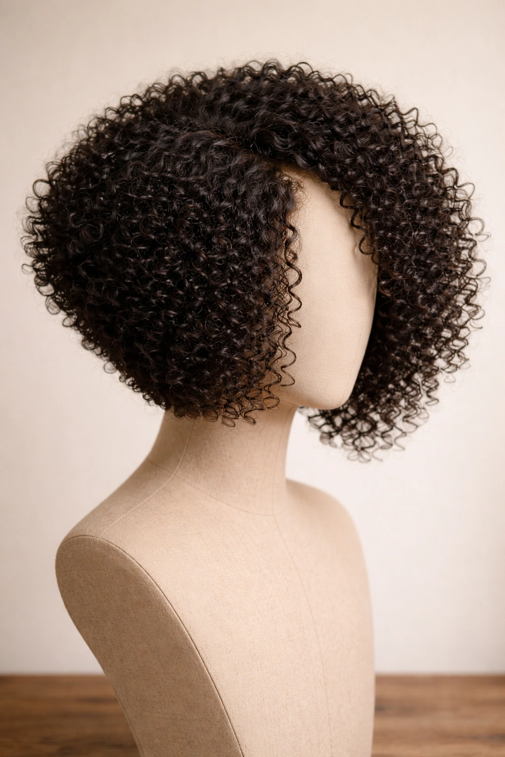 Kinky curly graduated bob wig with stacked back silhouette and front-length layers