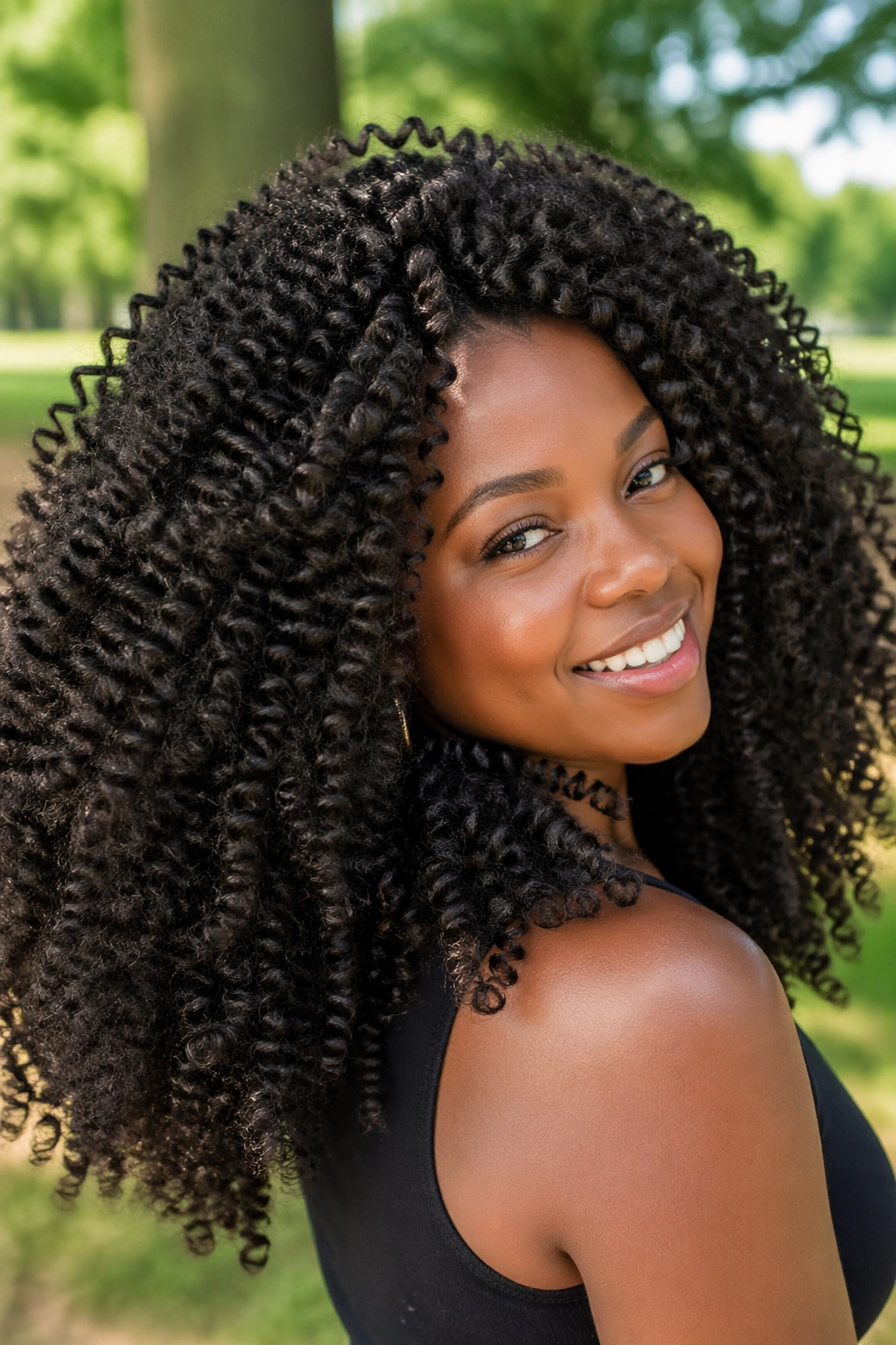Close-up portrait of a real woman with big-volume kinky curly crochet hair.