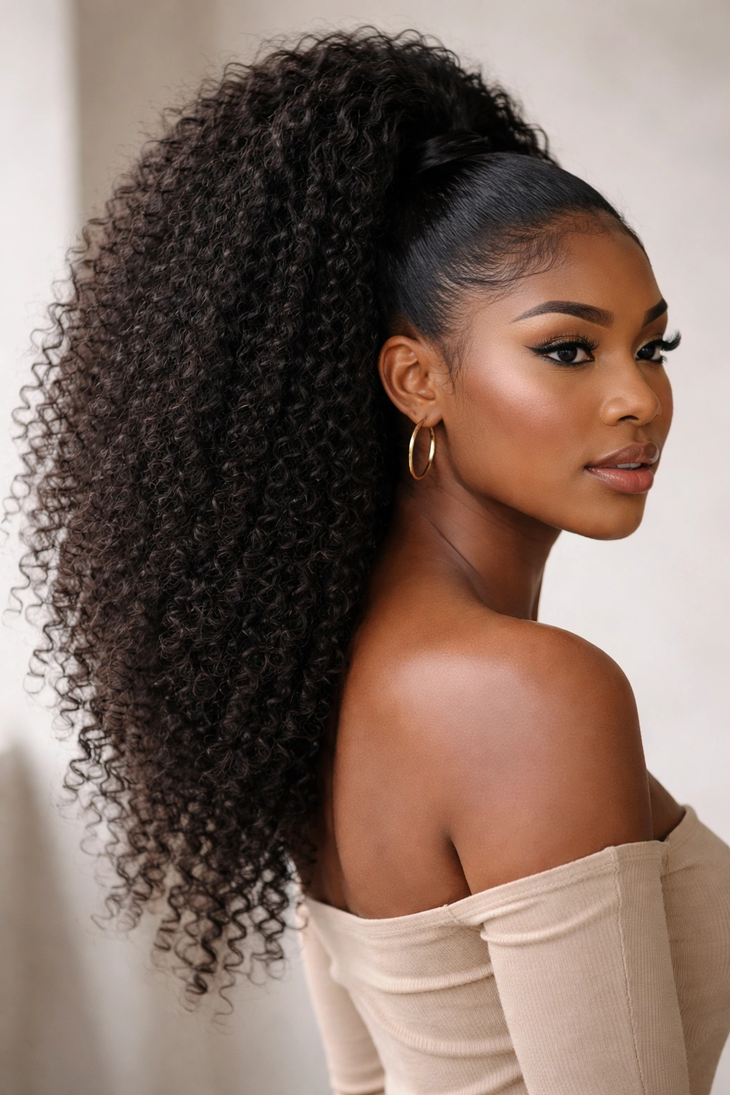 Kinky curly drawstring pony displaying high volume and density