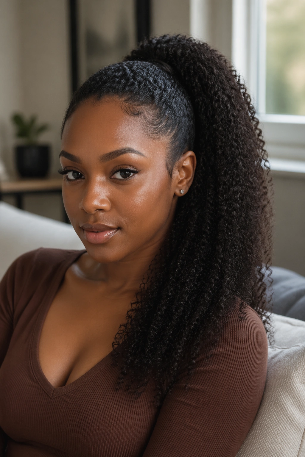 Close-up of a real woman wearing a kinky curly ponytail that blends naturally with her hair