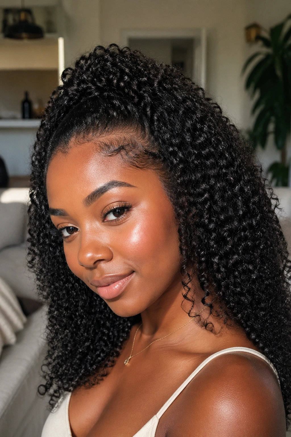 Close-up of real woman with kinky curly weave leave-out blend blending with natural hair