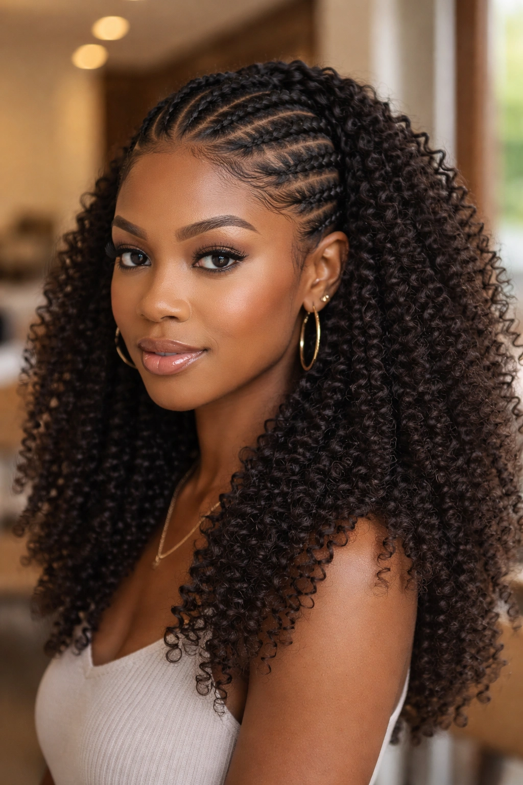 Close-up portrait of a real person with kinky curly weave blending with natural hair texture
