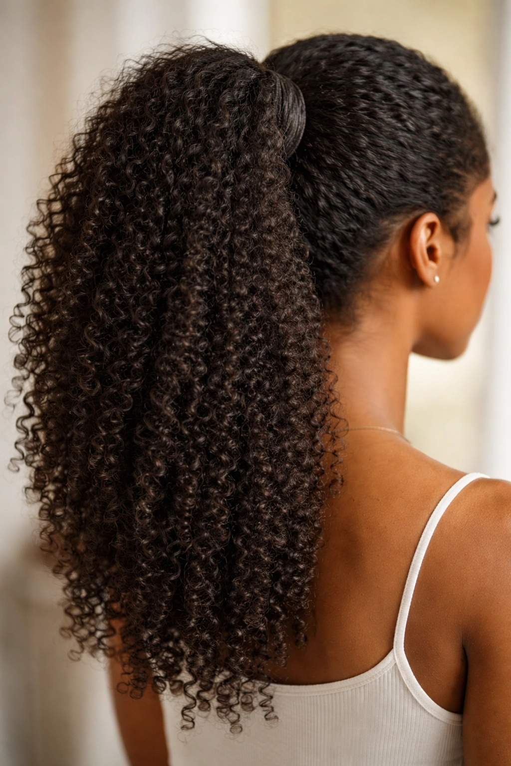 Kinky curly wrap ponytail secured with velcro and wrap strand