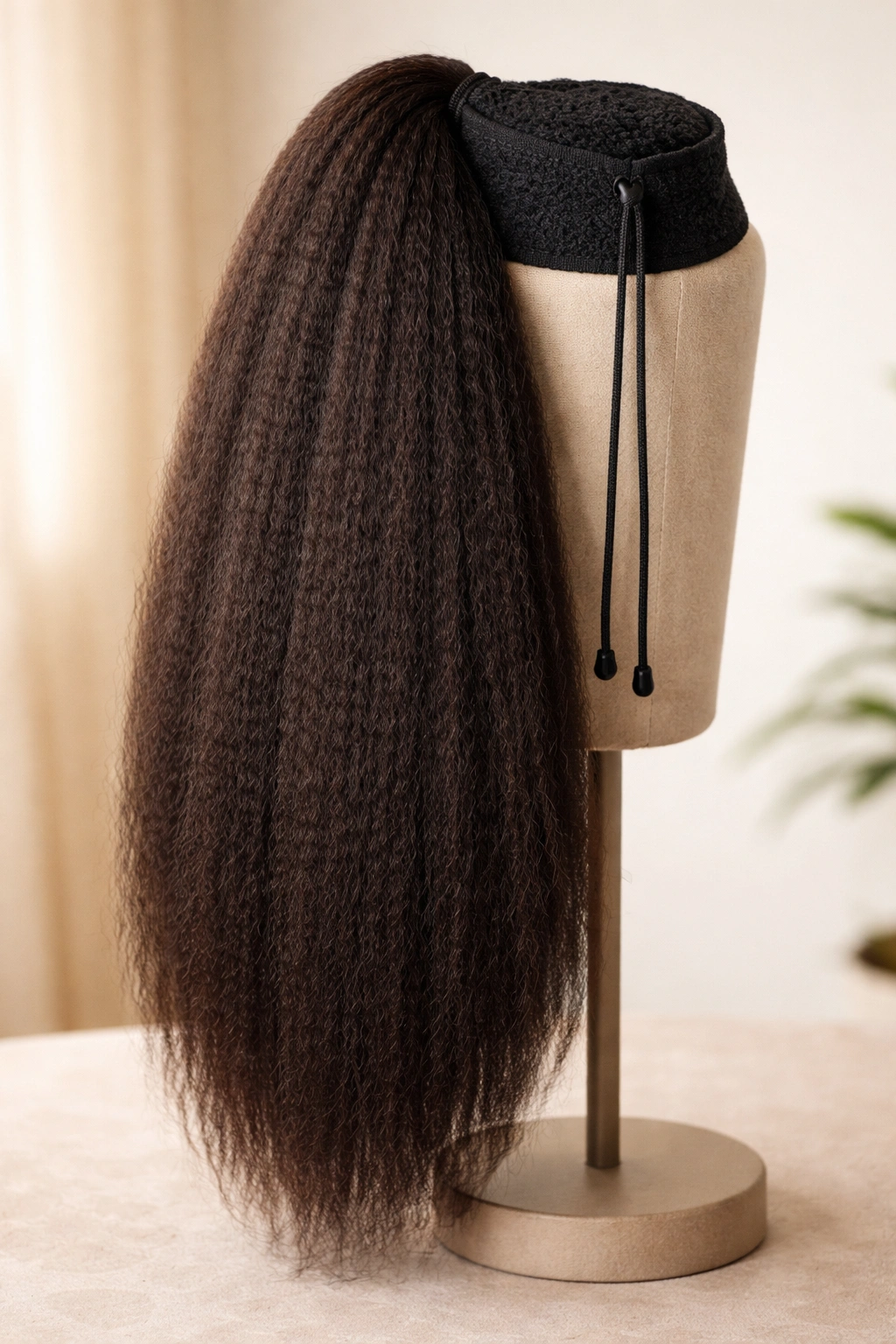 Close-up of Kinky Straight Drawstring Ponytail extension with yaki texture on a display stand