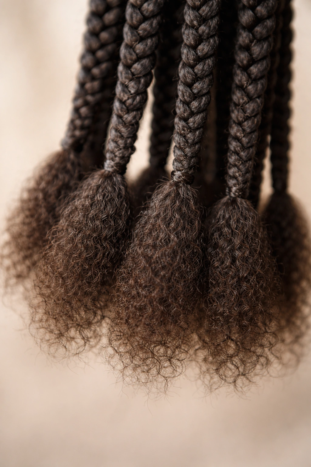 Close-up of kinky-straight braid ends with textured grip