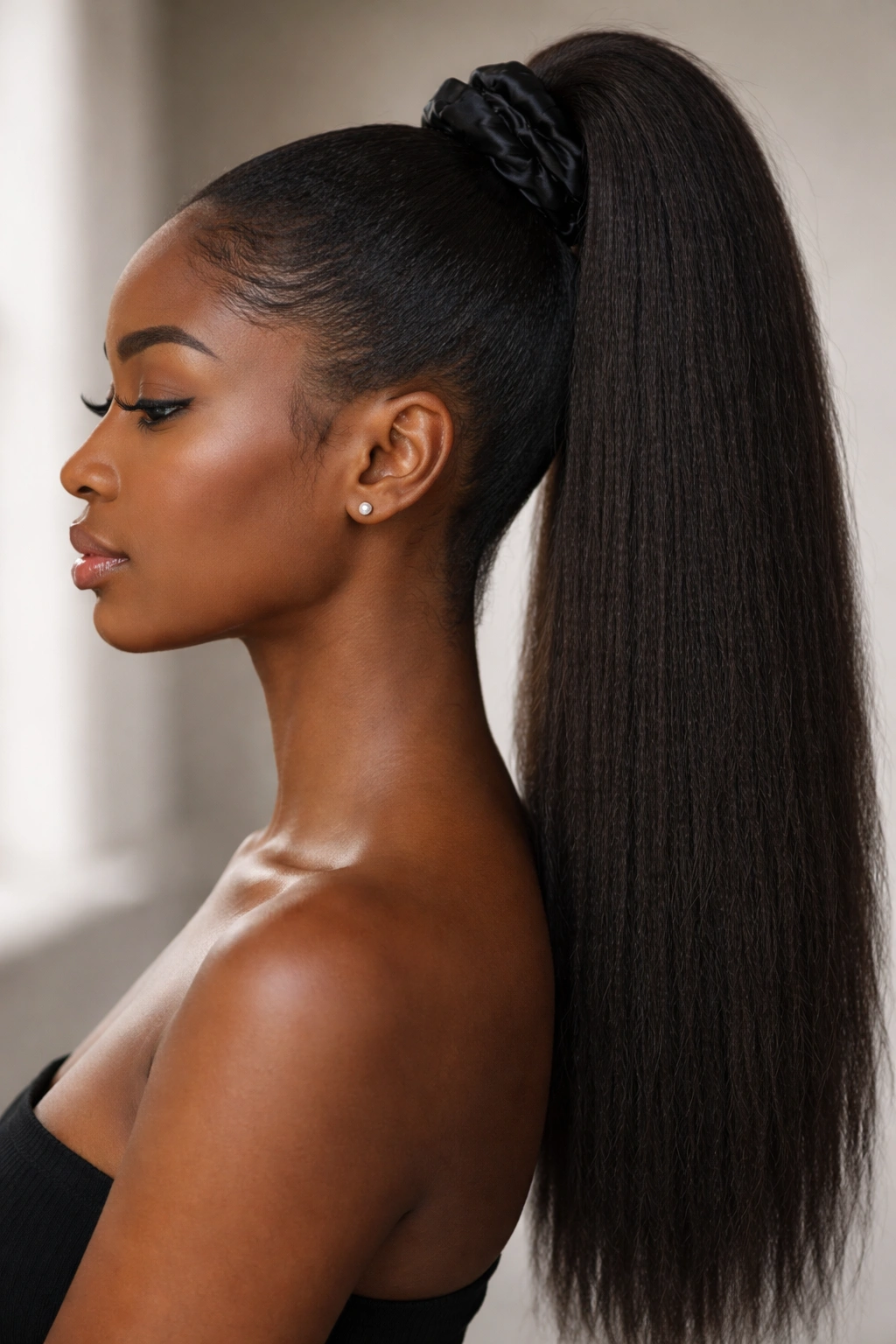 High pony with kinky-straight texture secured with satin scrunchie