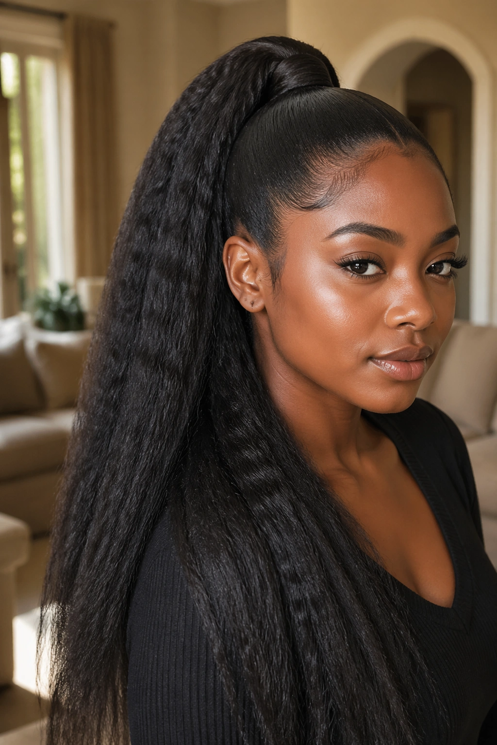 Person with kinky-straight ponytail in a cozy indoor setting