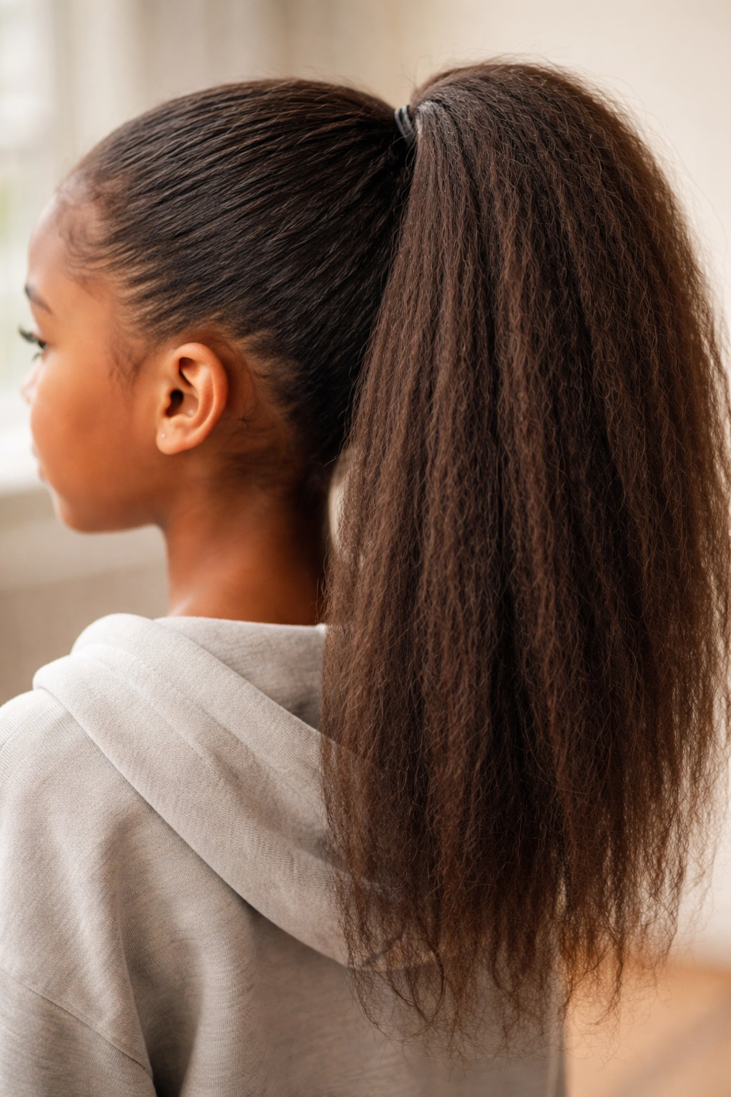 Close-up of a child's kinky straight textured ponytail with natural volume