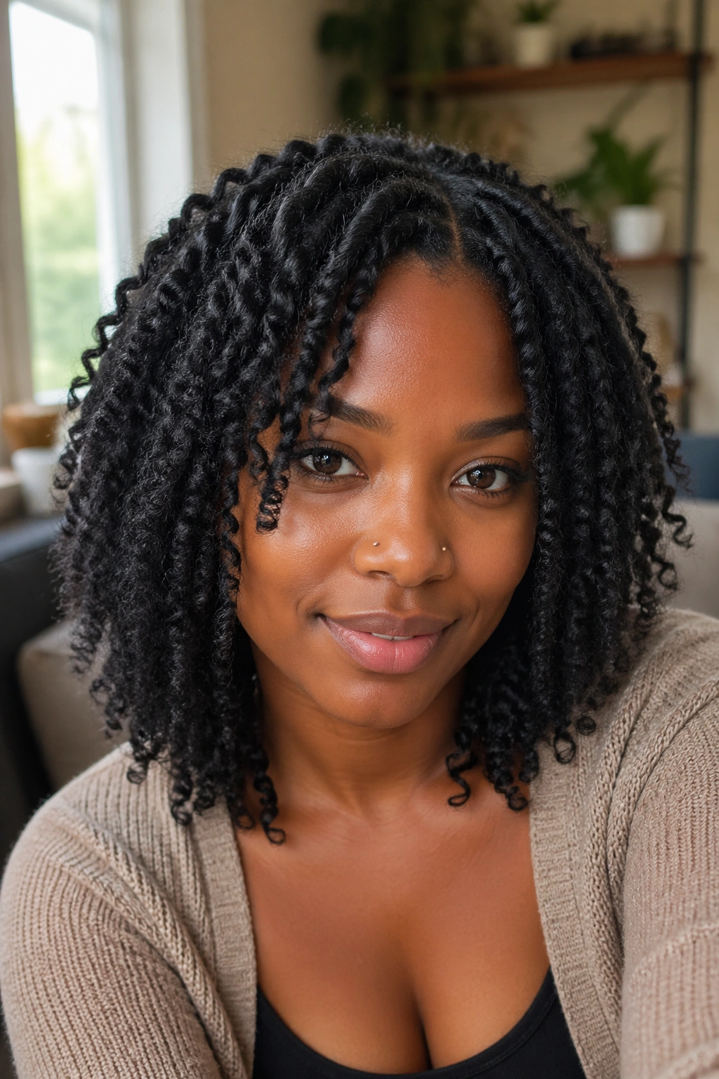 Close-up of a real person with a medium kinky twist cut and zigzag twist-out