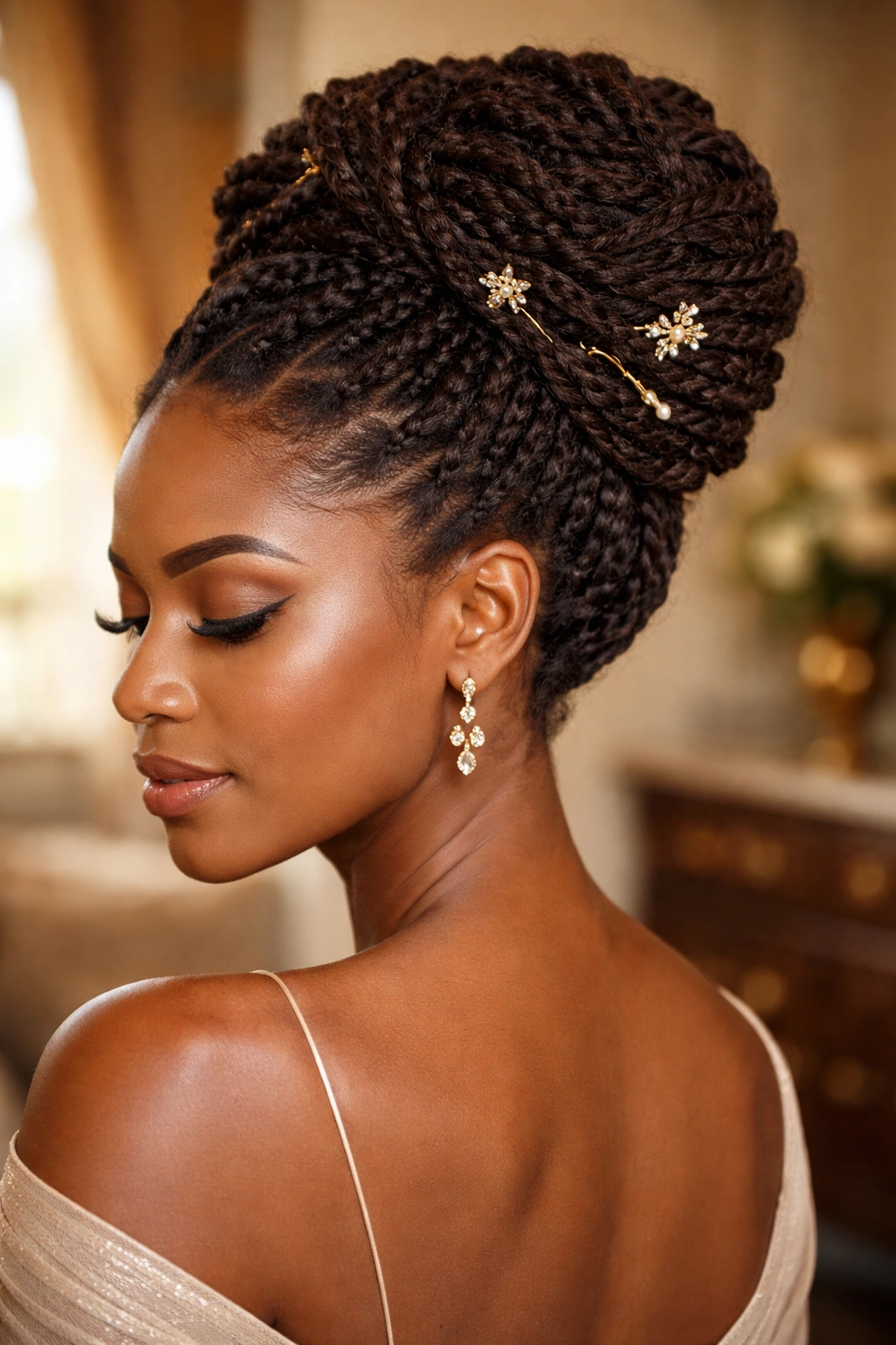 Real person with a knot-like bun of kinky twists and decorative pins