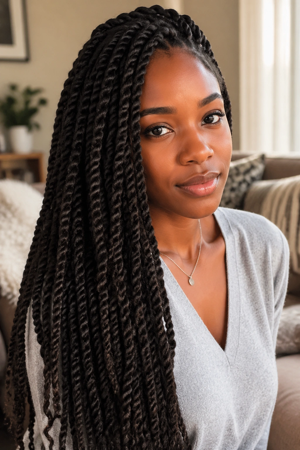 Close-up of real woman with kinky twist braids showing textured extensions.