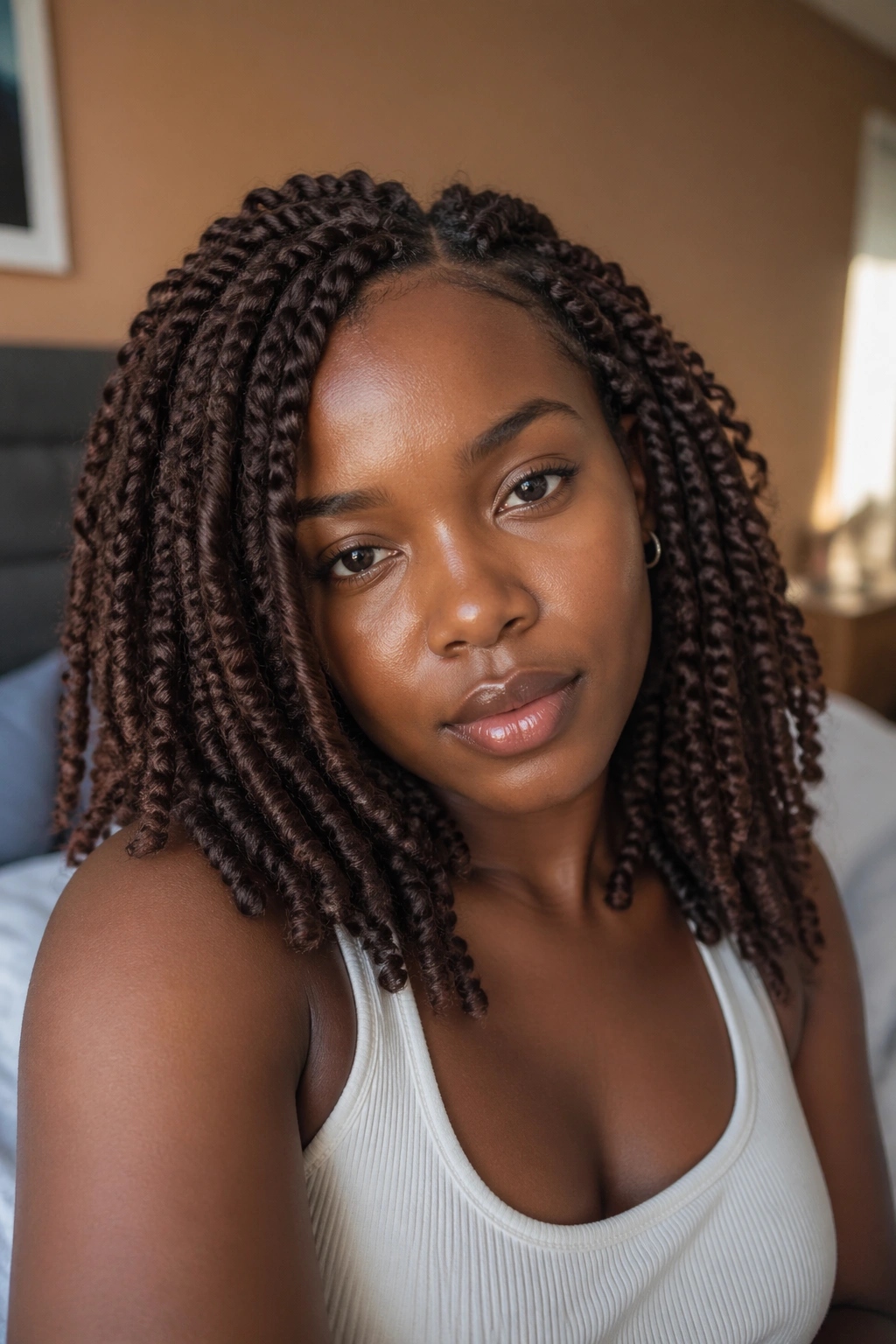 Close-up of a real woman with chocolate brown kinky twists