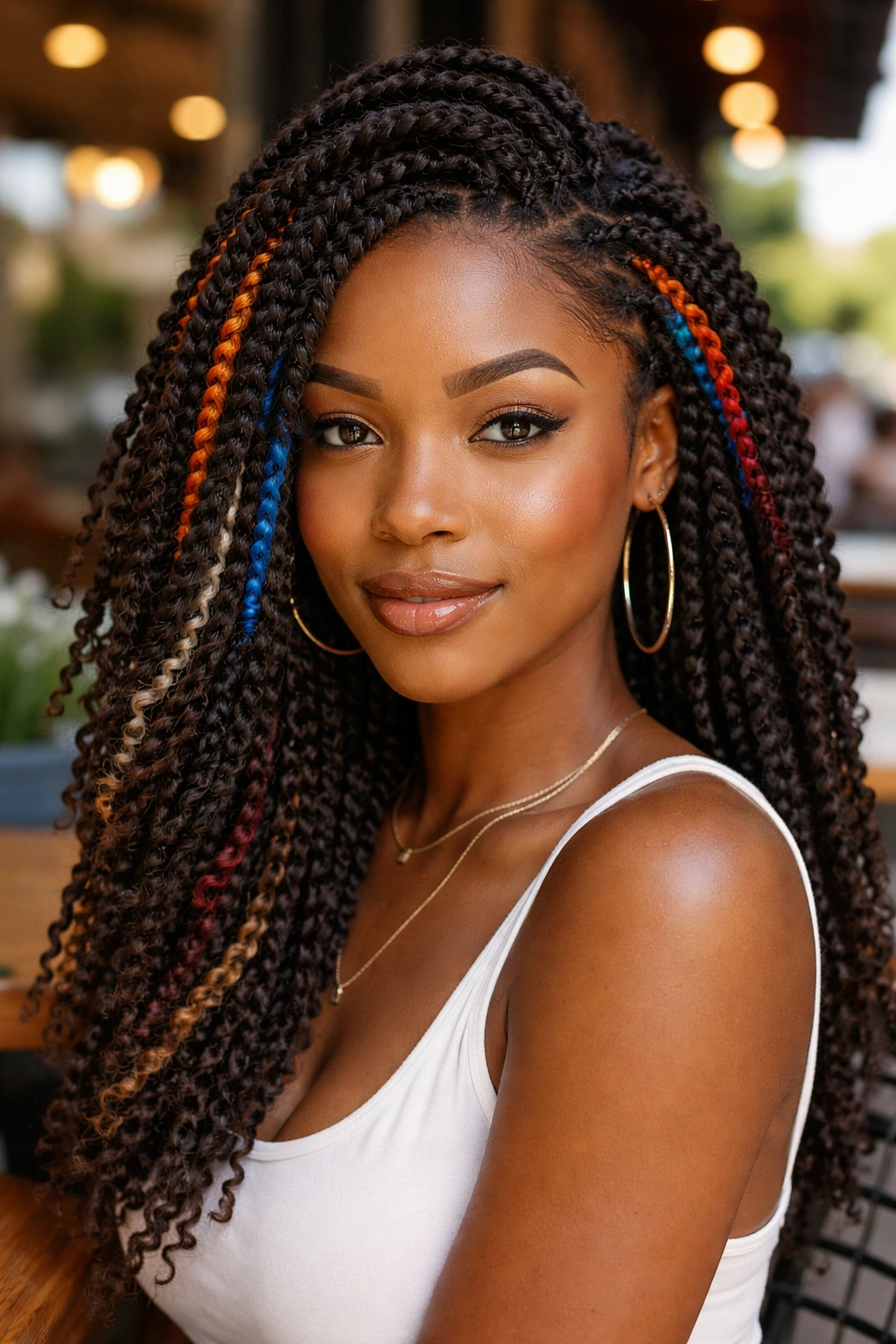 Close-up of kinky twists with bright color pieces at the front