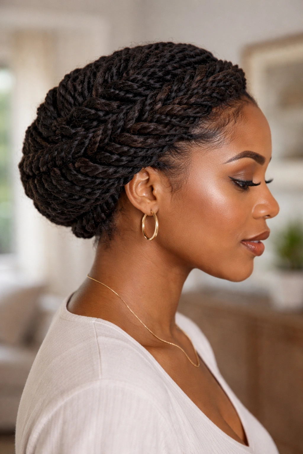 Side profile of a real woman wearing a circular crown of kinky twists around her head