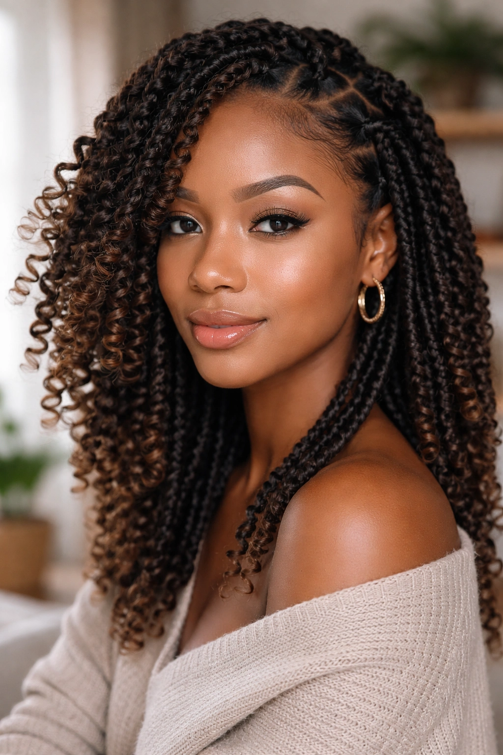 Real woman with kinky twists and natural curls mixed throughout the hairstyle