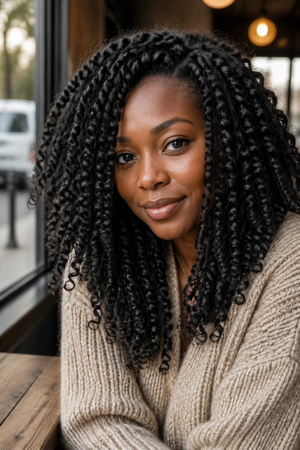 Real woman with all-over kinky twists in a cozy cafe setting