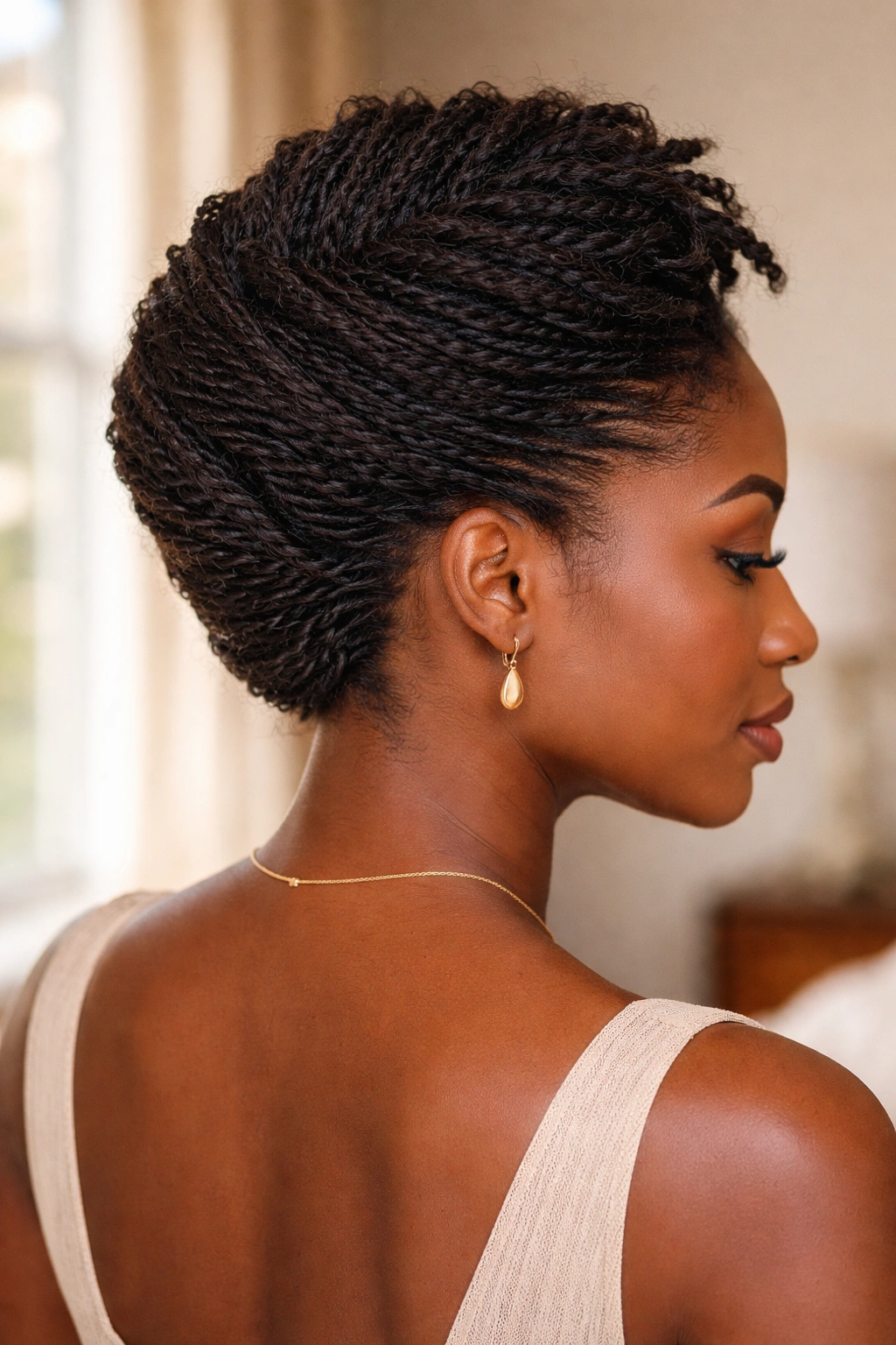 Close-up of a real woman with kinky twists styled into a French twist at the back