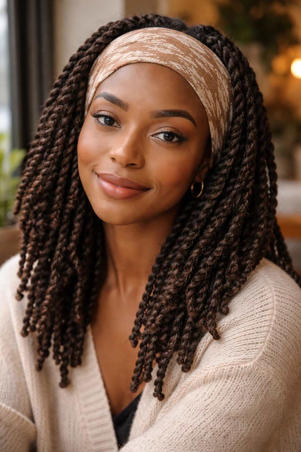 Close-up of kinky twists with a thick fabric headband across the forehead