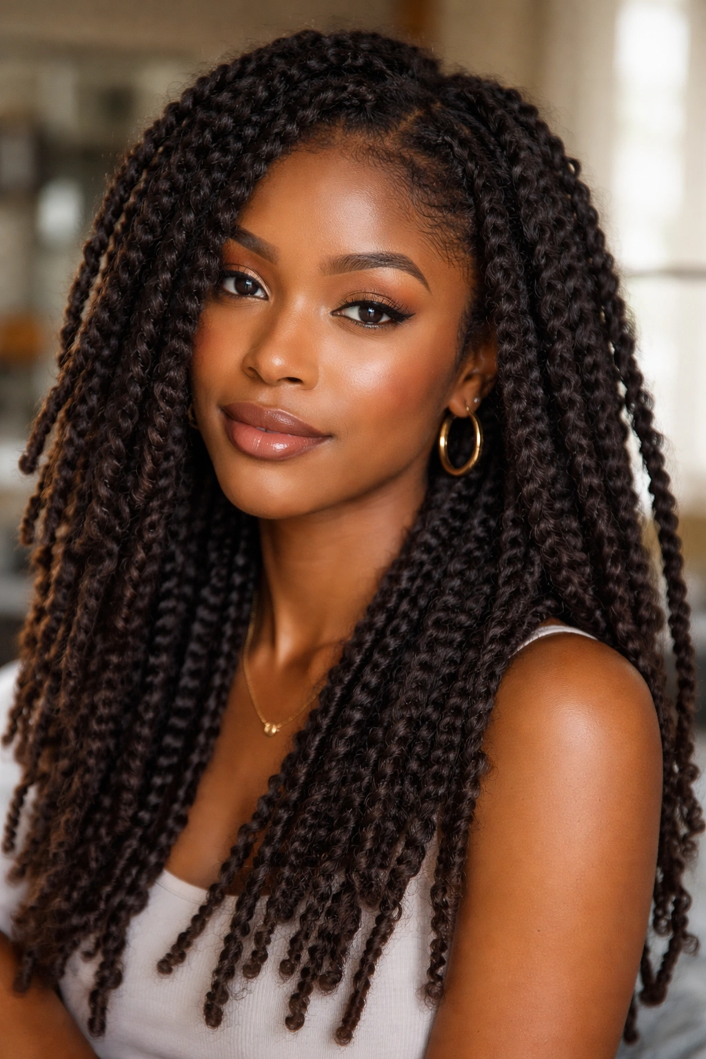 Close-up of a real person wearing kinky twists with a lived-in look
