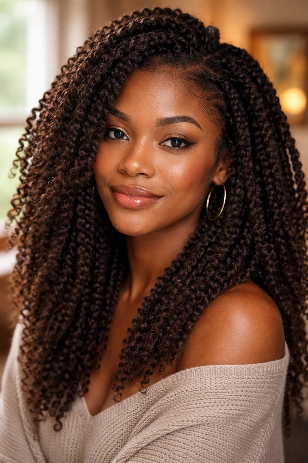 Close-up of a real woman with Marley-textured kinky twists filling the frame.