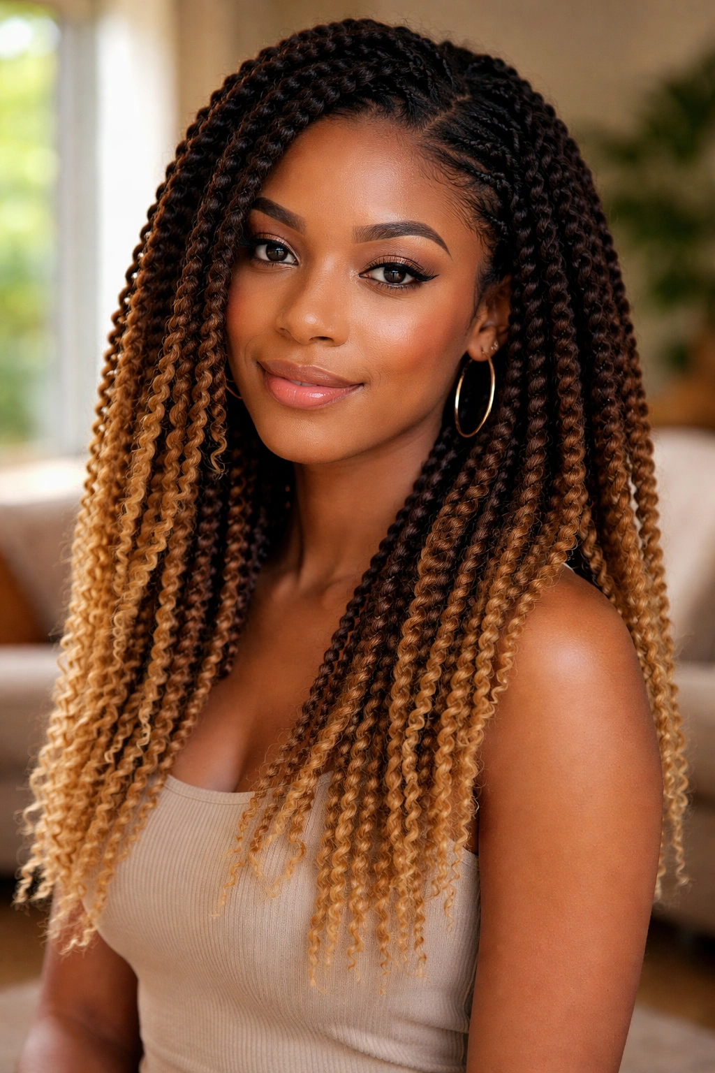 Close-up of a real person with ombre kinky twists from dark roots to light ends