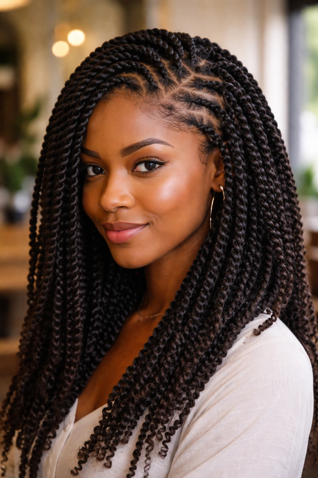 Close-up of Afro hair with geometric scalp pattern in kinky twists