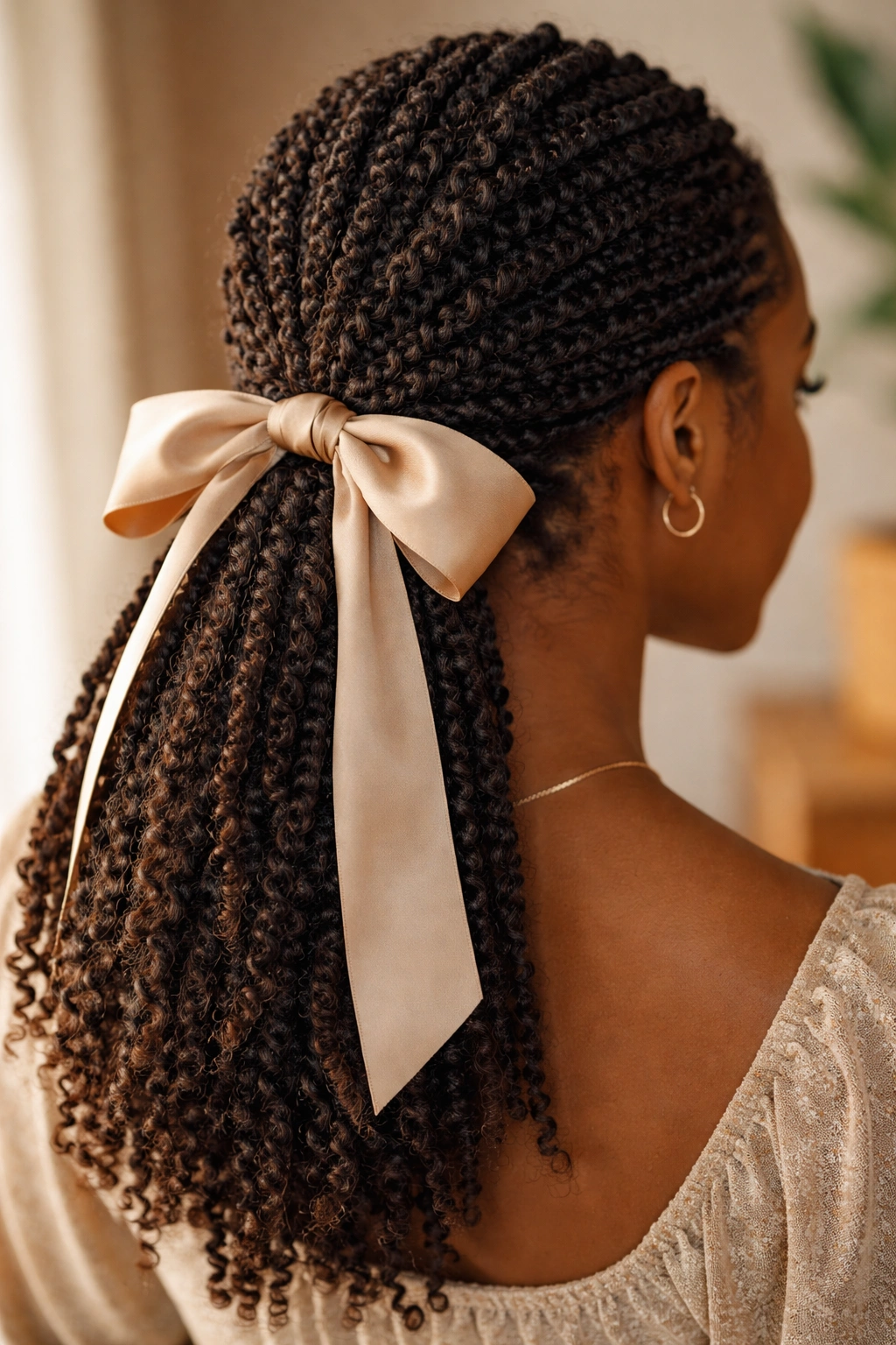 Close-up of a real person with kinky twists tied back with a ribbon at the nape