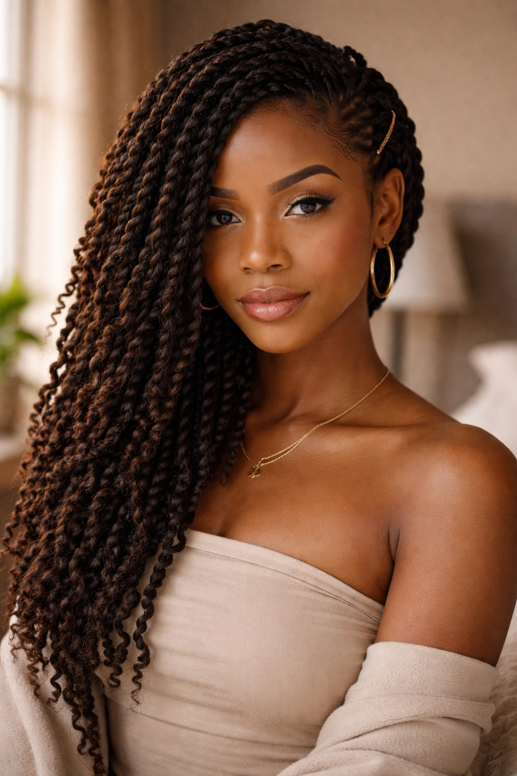 Close-up of a real woman with kinky twists swept to one side over her shoulder