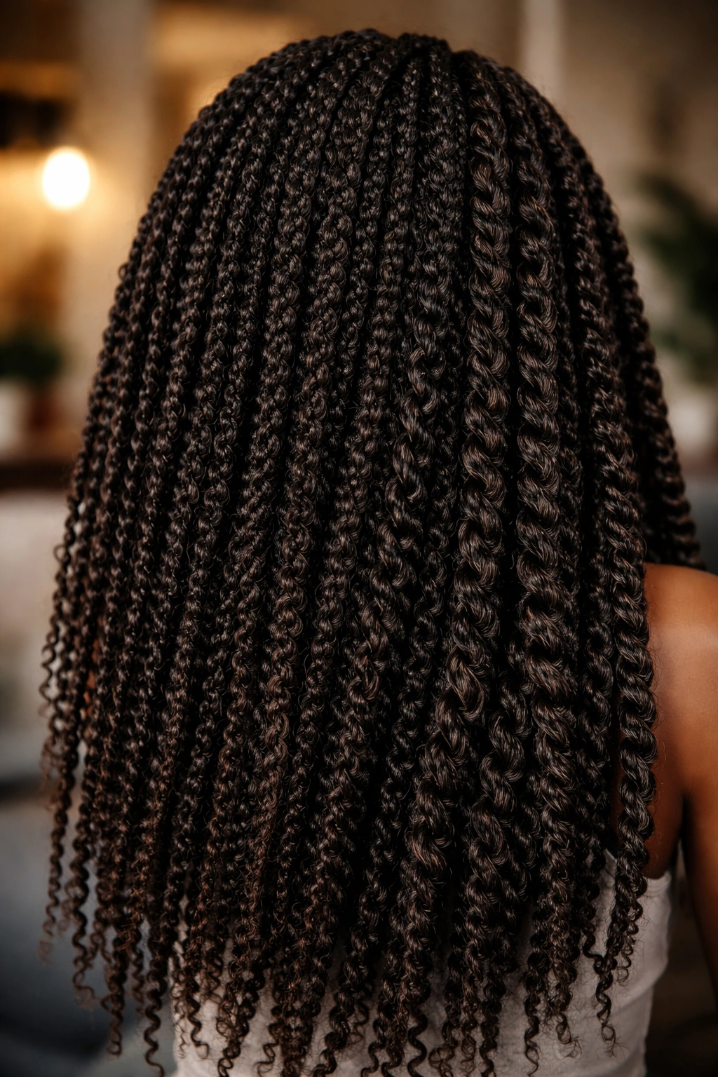 Portrait of a person with pencil-thin to jumbo kinky twists across the head, showing size variation.