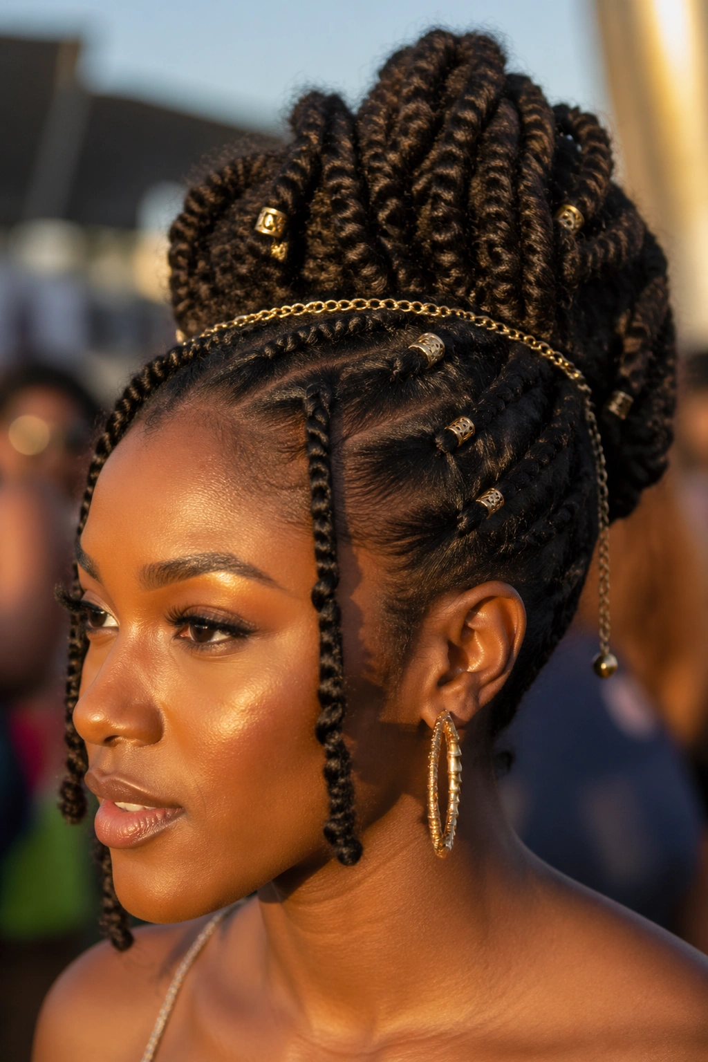 Portrait of a person with kinky twist updo and gold accessories at festival