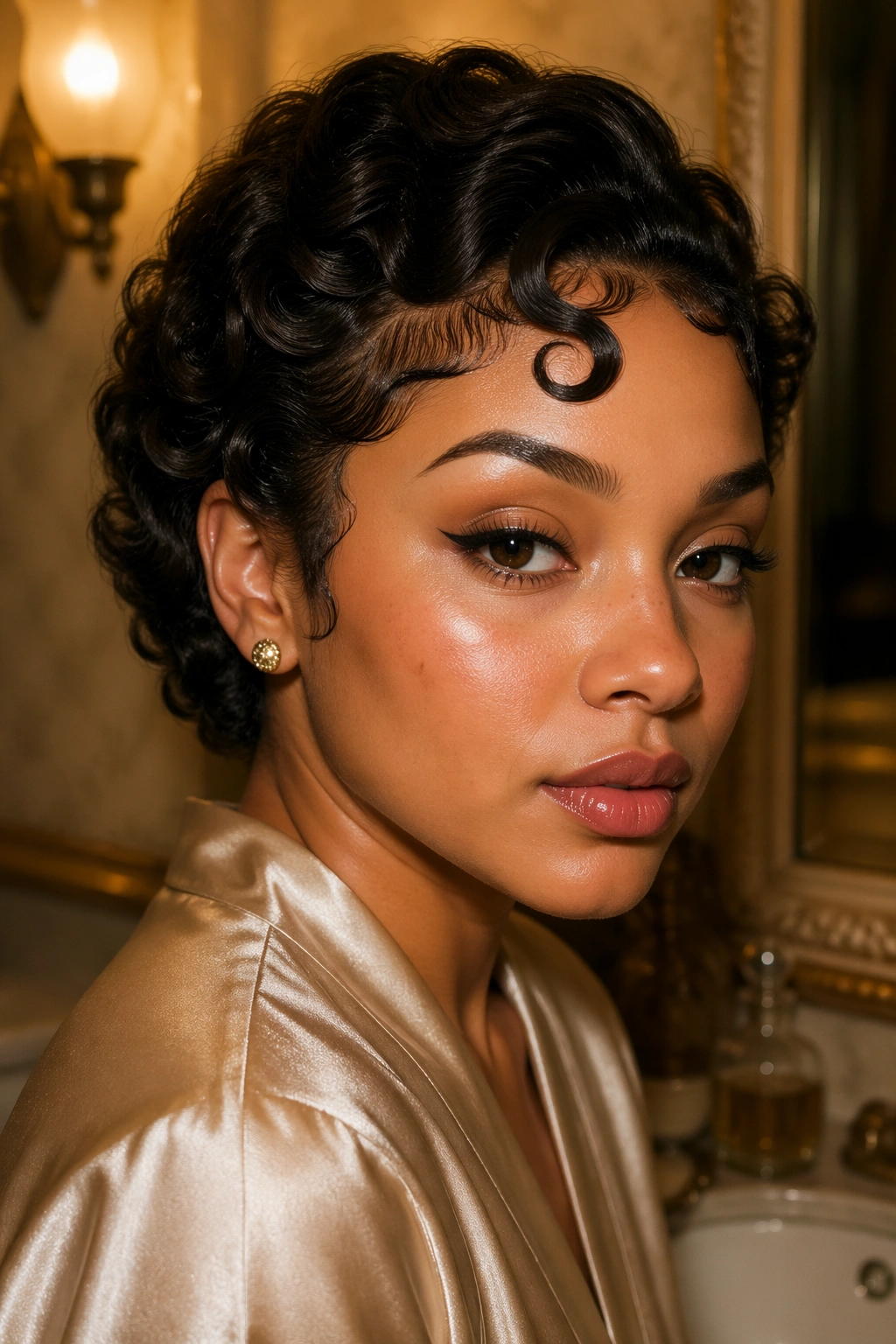 Close-up portrait of a woman with kiss curl and sculpted baby hairs