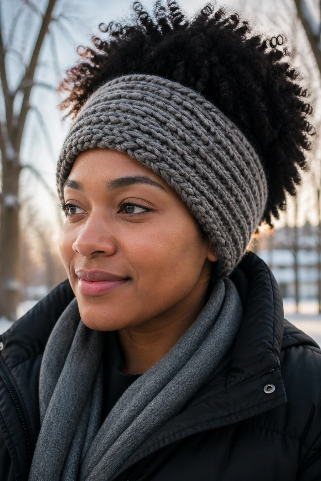 Woman wearing a thick knit winter headband over Afro hair in snowy park.