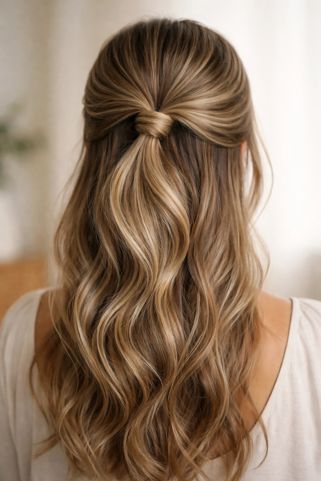 Low soft knot detail in half-up ponytail with loose hair below
