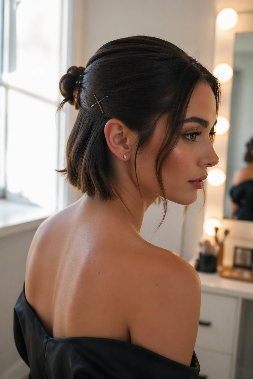Three-quarter view of sleek half-up knot with face-framing pieces.