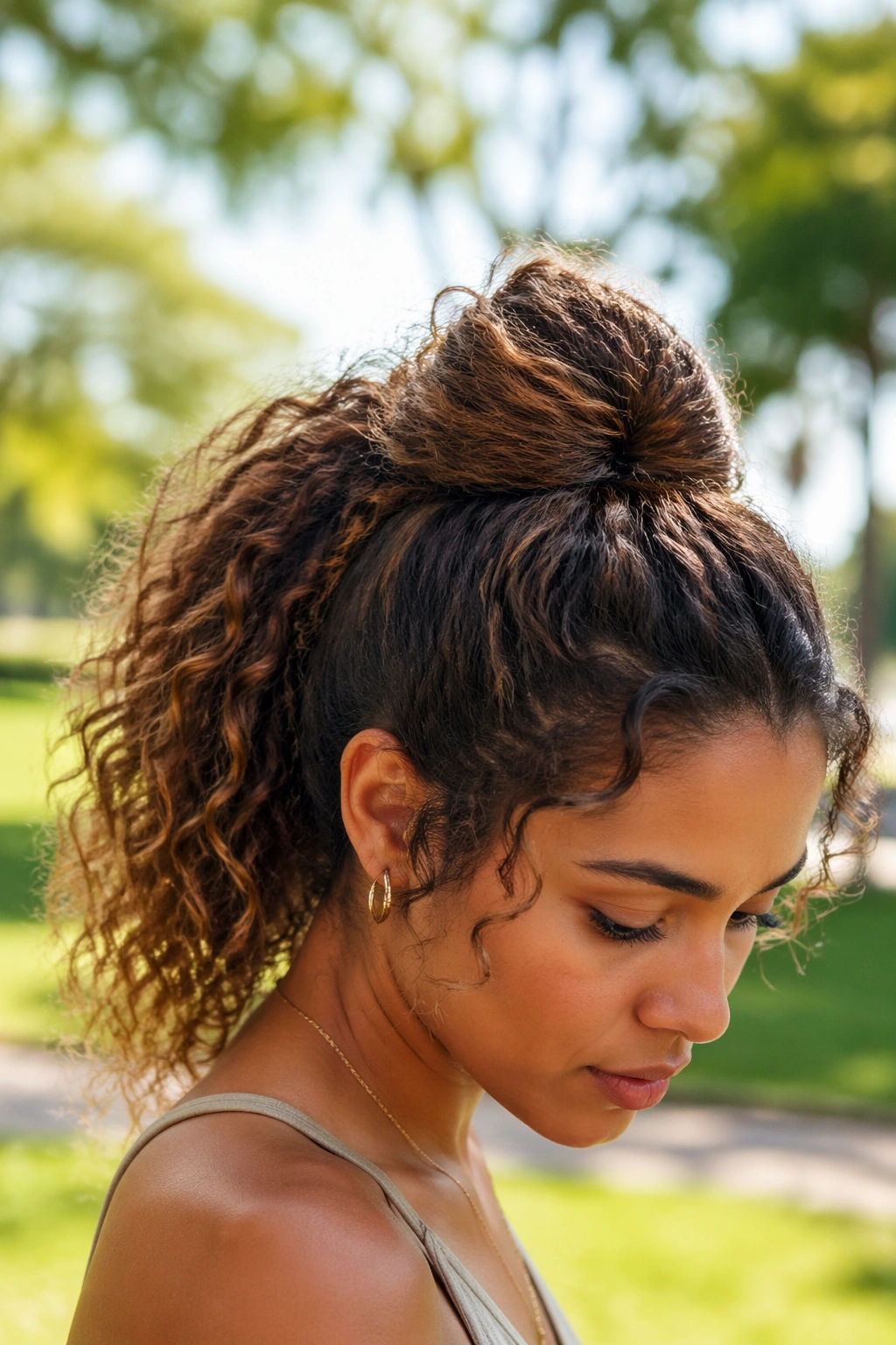 Portrait of a real woman with a knot-lift ponytail creating crown height