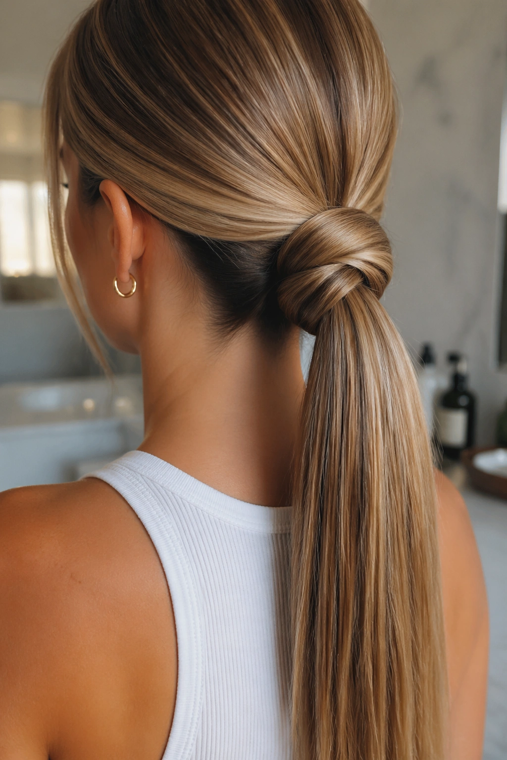 Back view close-up of a real woman with a knot ponytail