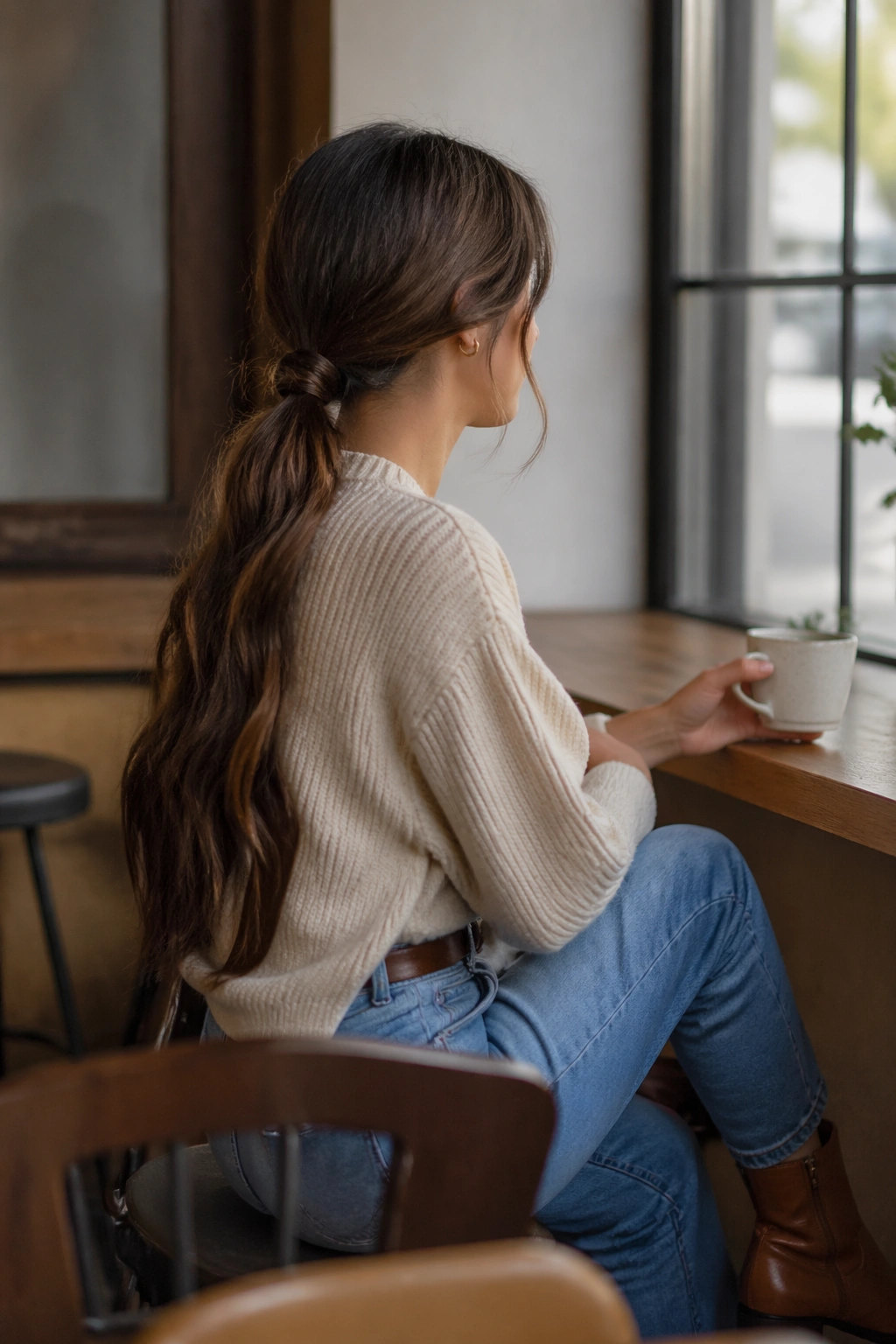 Wide shot of Low Knot Ponytail in a cafe setting.