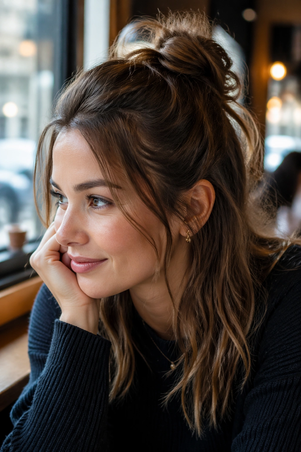 Portrait of a woman with a loose knot half-up ponytail in natural sunlit setting.