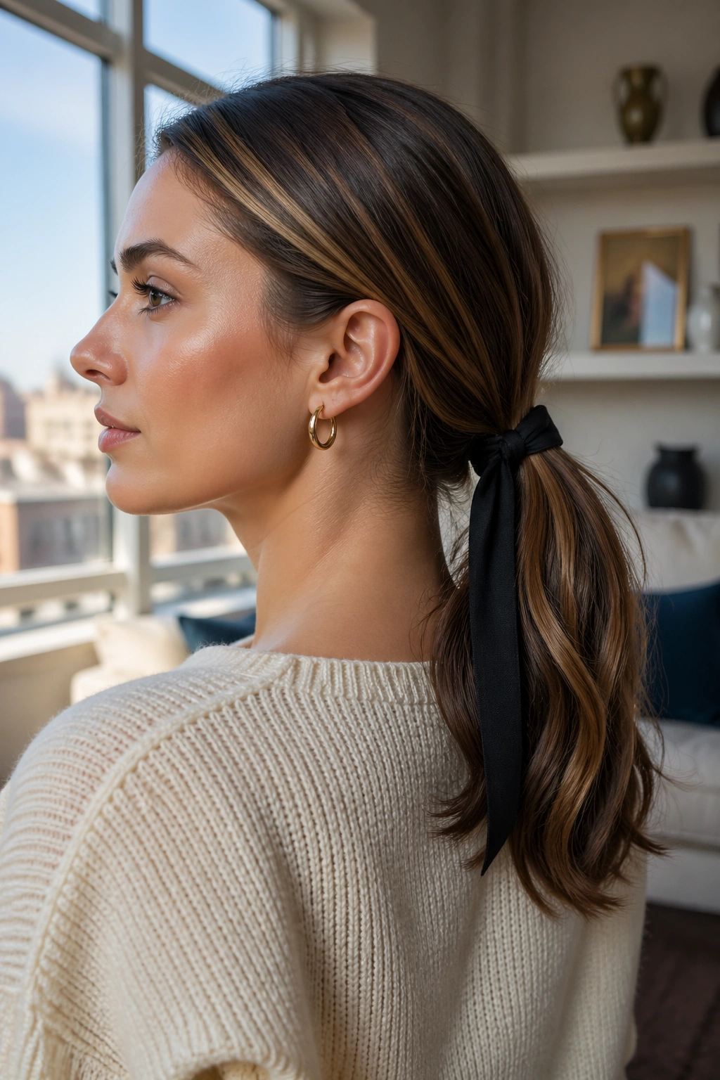 Side-profile of a real woman with a minimal knot at the base of a low ponytail using a ribbon