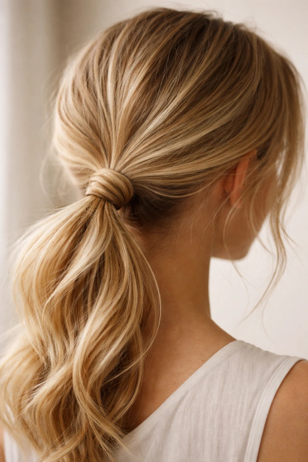 Close-up of a low knot-tied pony with a small underside knot and bobby pin