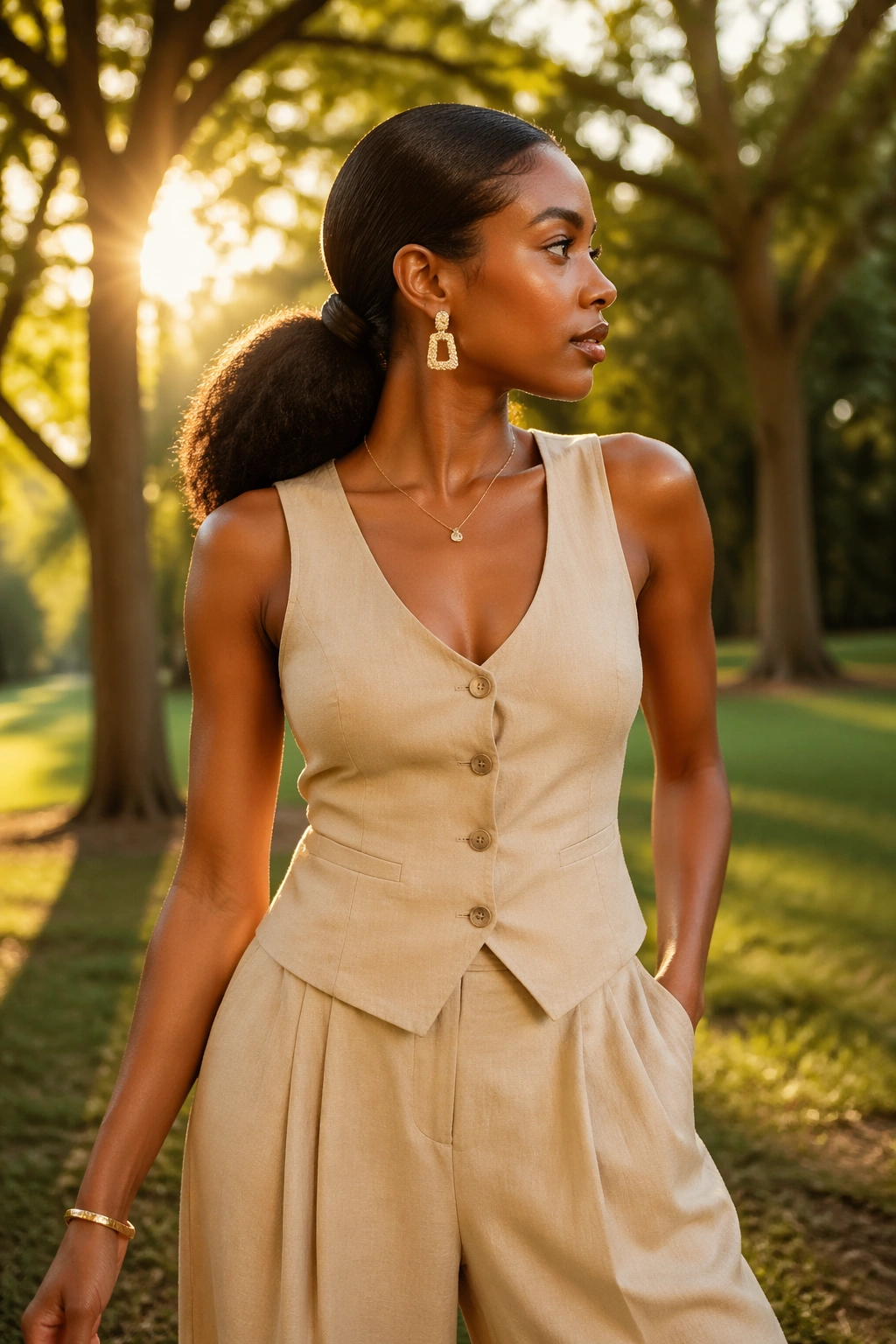 Hero shot of knot-wrapped low ponytail in nature.