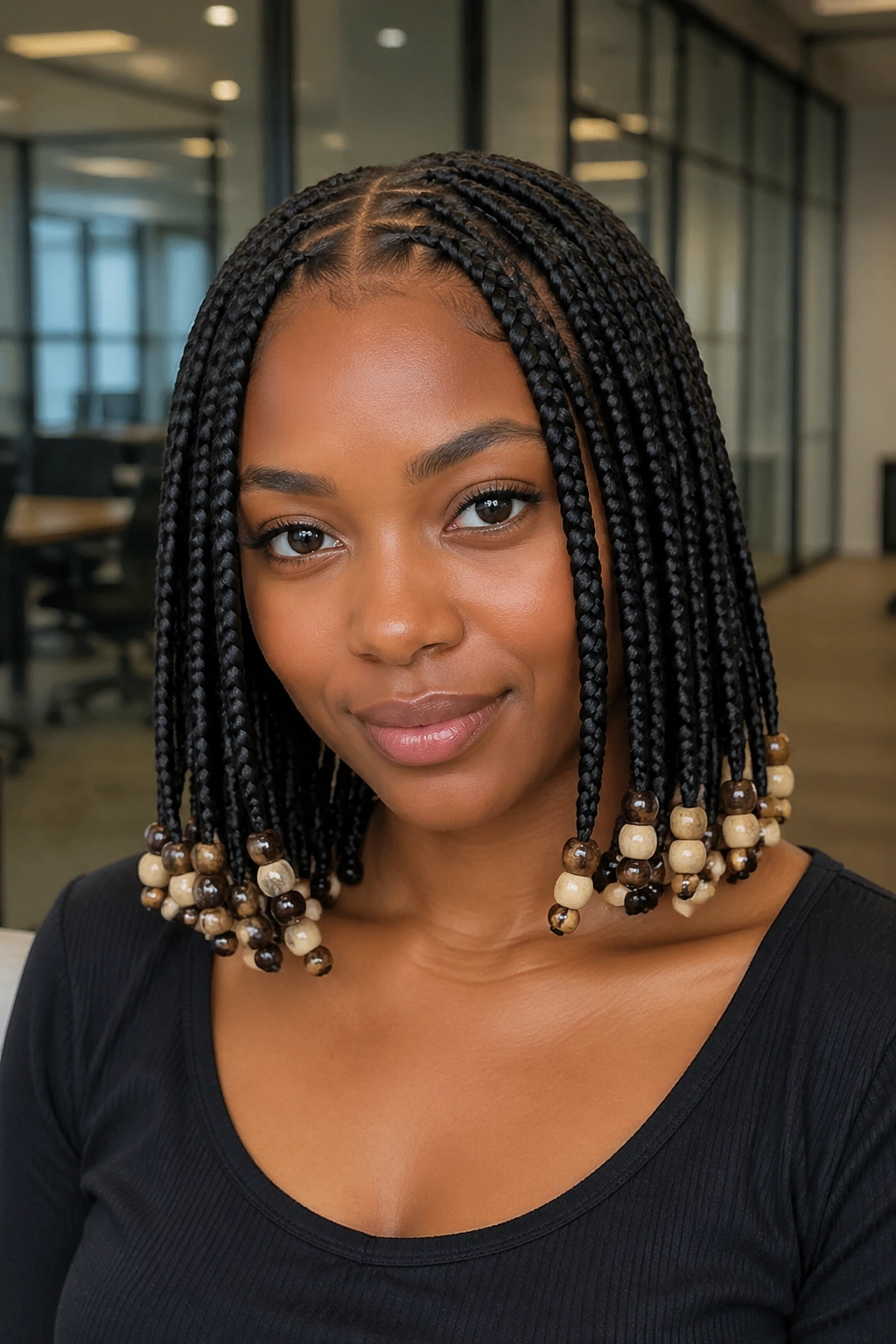 Close-up portrait of Knotless Short Box Braids With Neutral Beads hairstyle on a real person