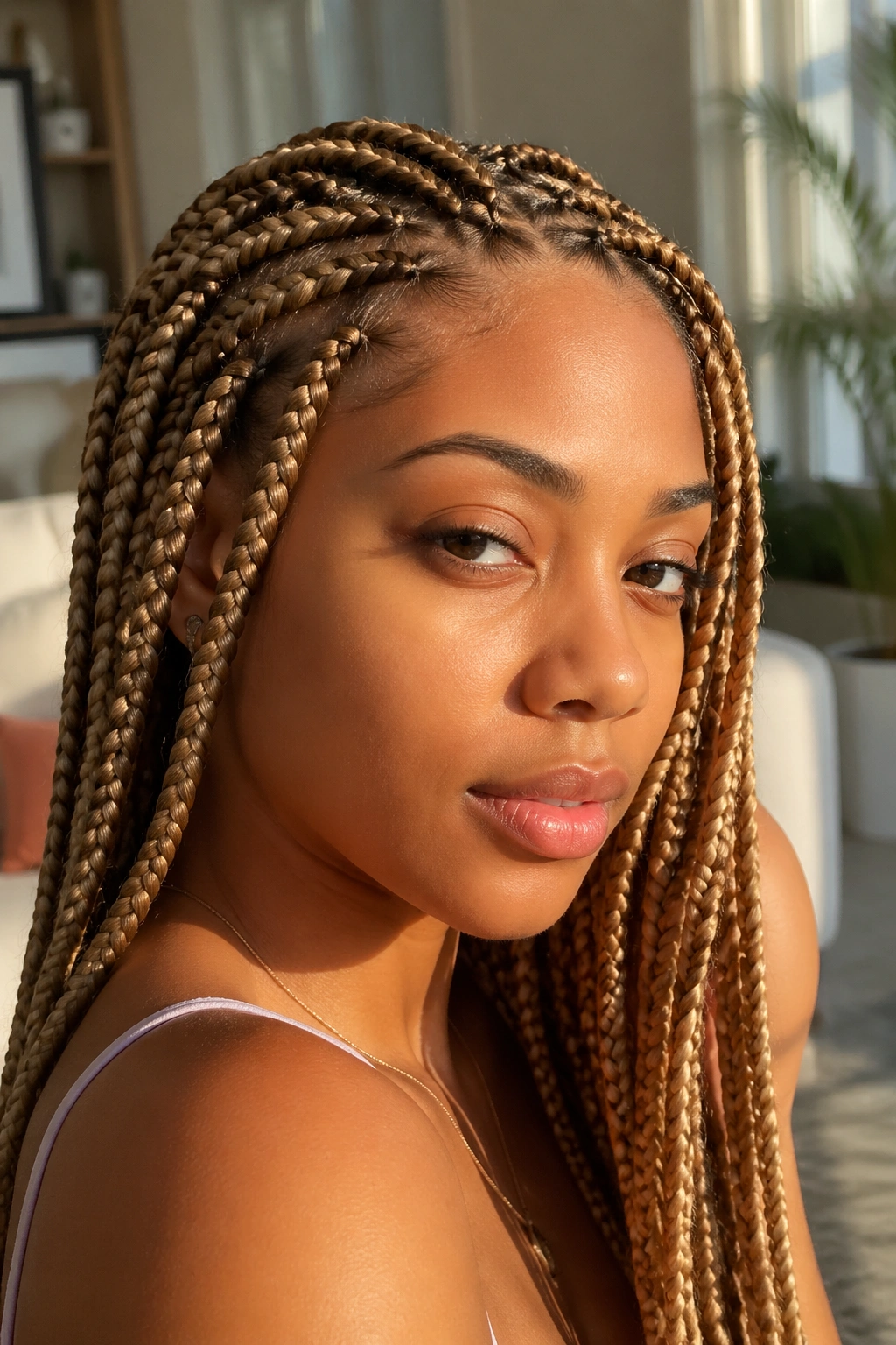Close-up portrait of a real Black woman with knotless honey blonde braids along the hairline