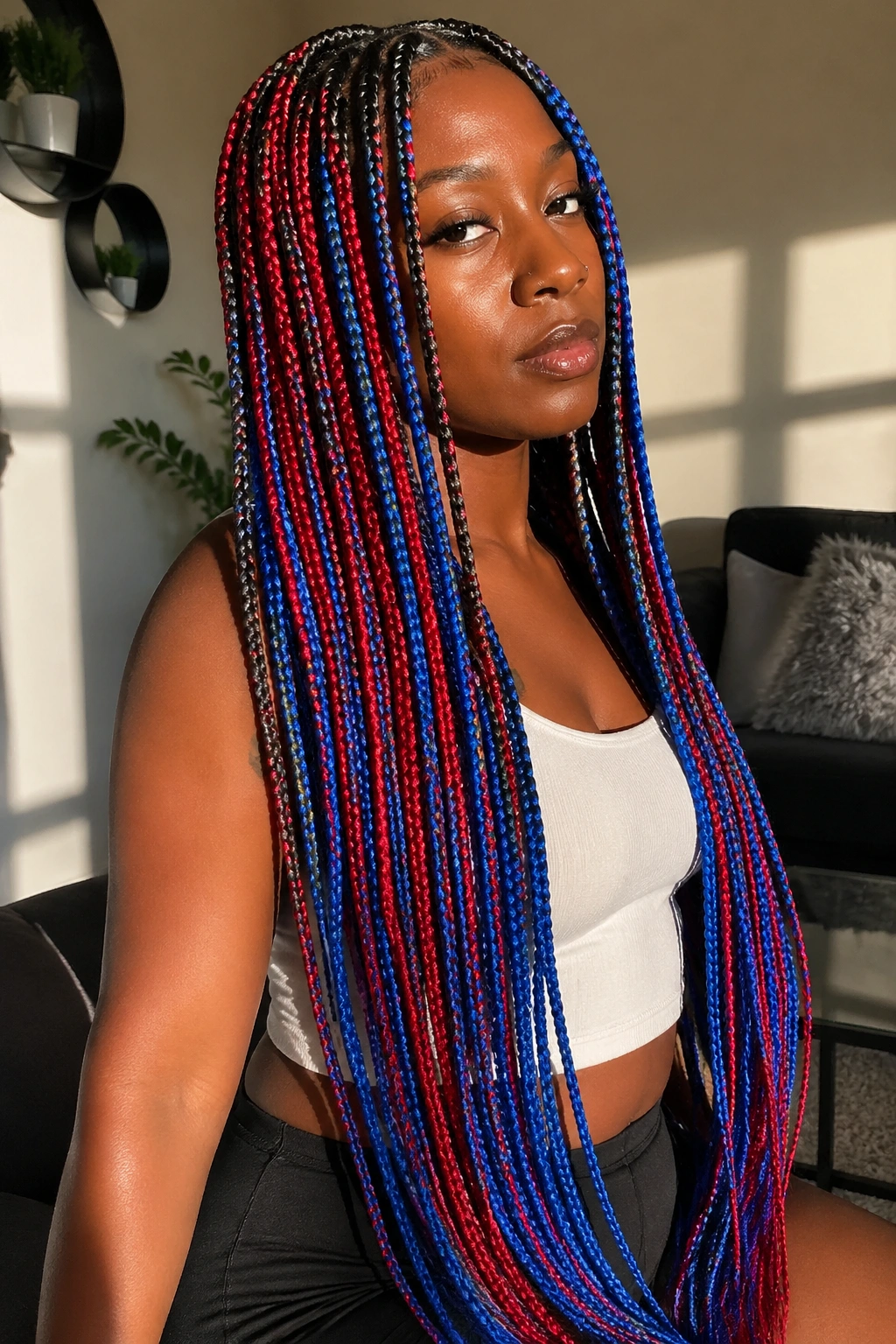 Real person with waist-length knotless blue and red braids