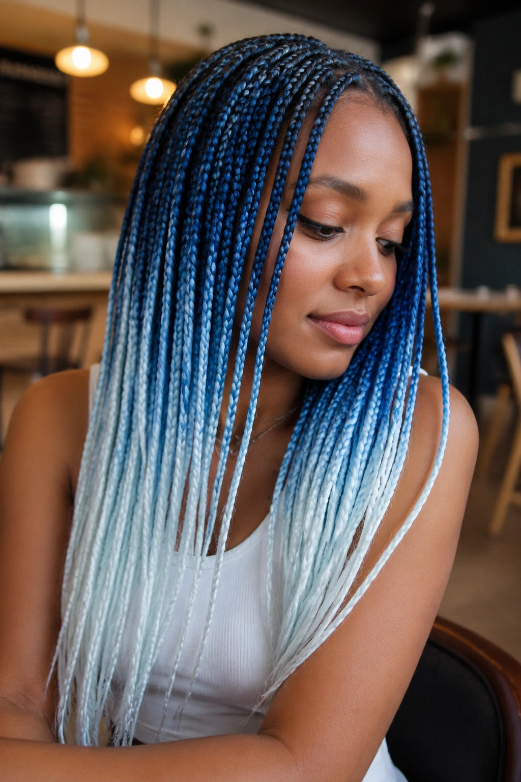 Close-up of a real woman with knotless blue and white box braids with a soft fade