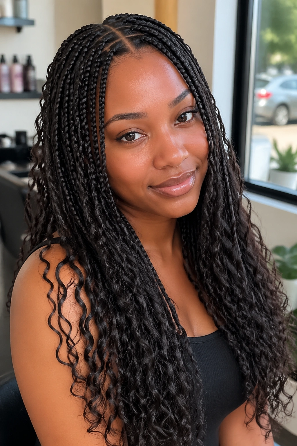 Close-up of knotless boho box braids with curly ends on a real person