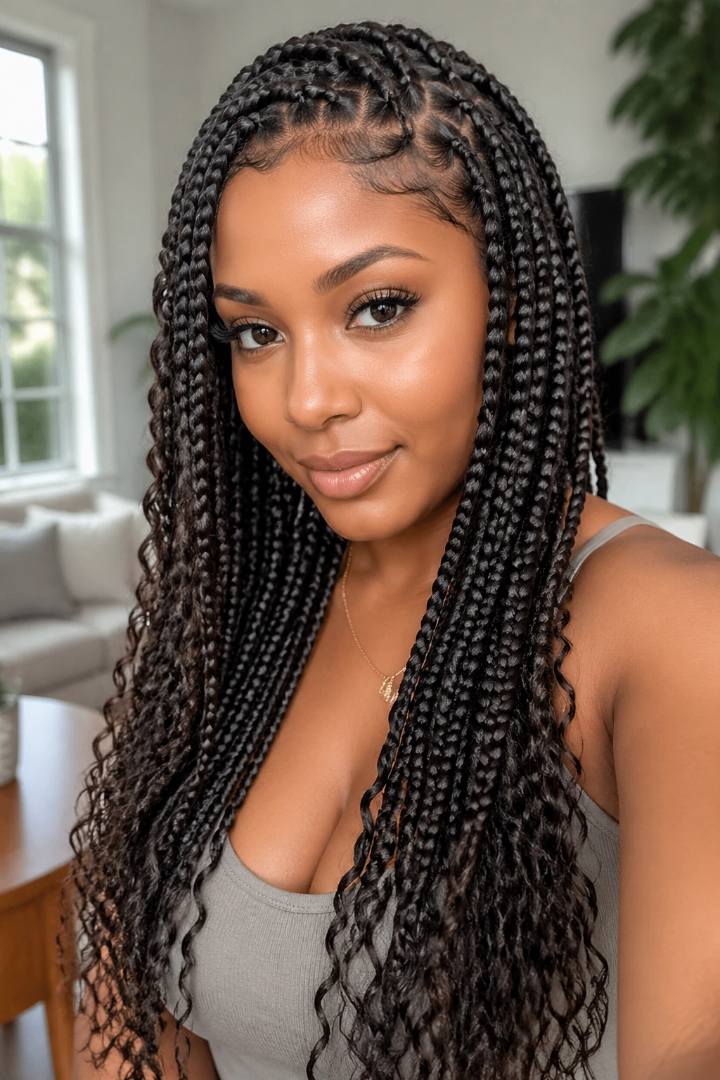 Close-up portrait of a real woman with knotless long boho box braids and a soft scalp line