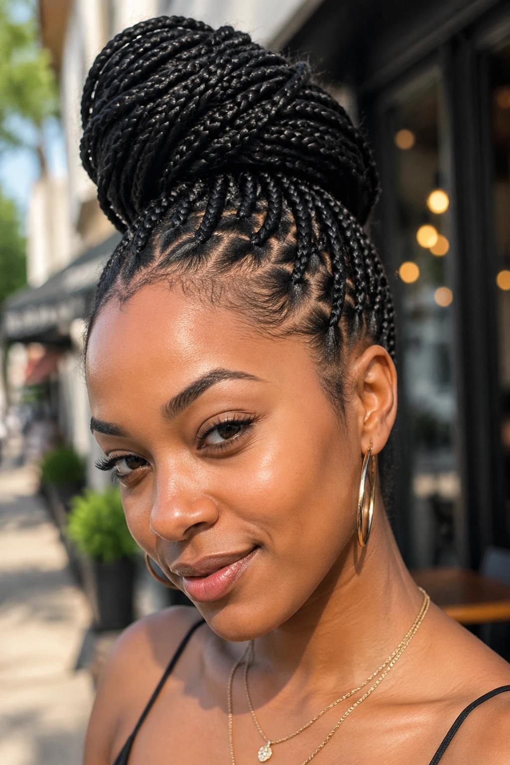 Close-up of a real Black woman with knotless box braids in a high bun